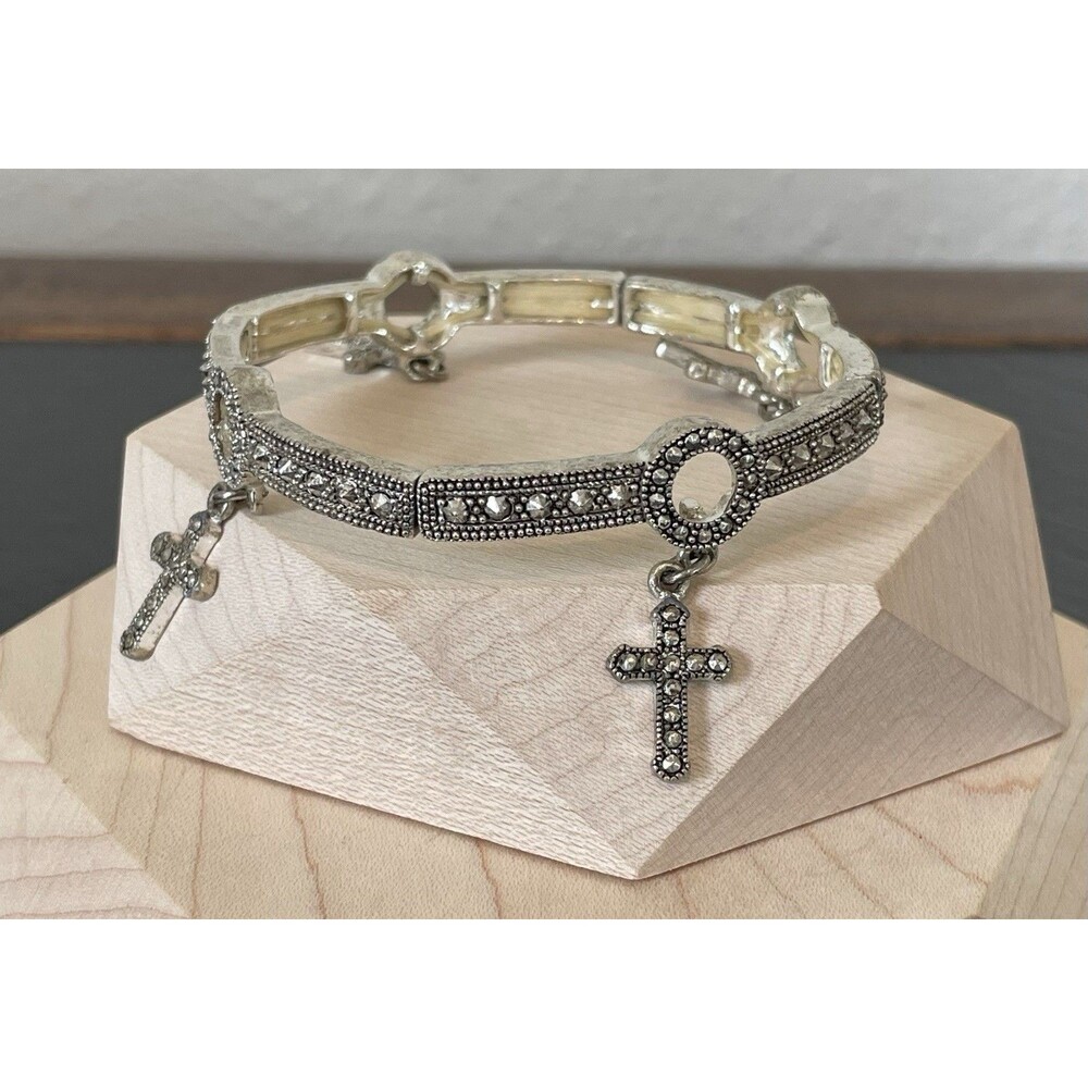 Cross Charm Silvertone Medieval Style Stretch Bracelet Women’s Jewelry